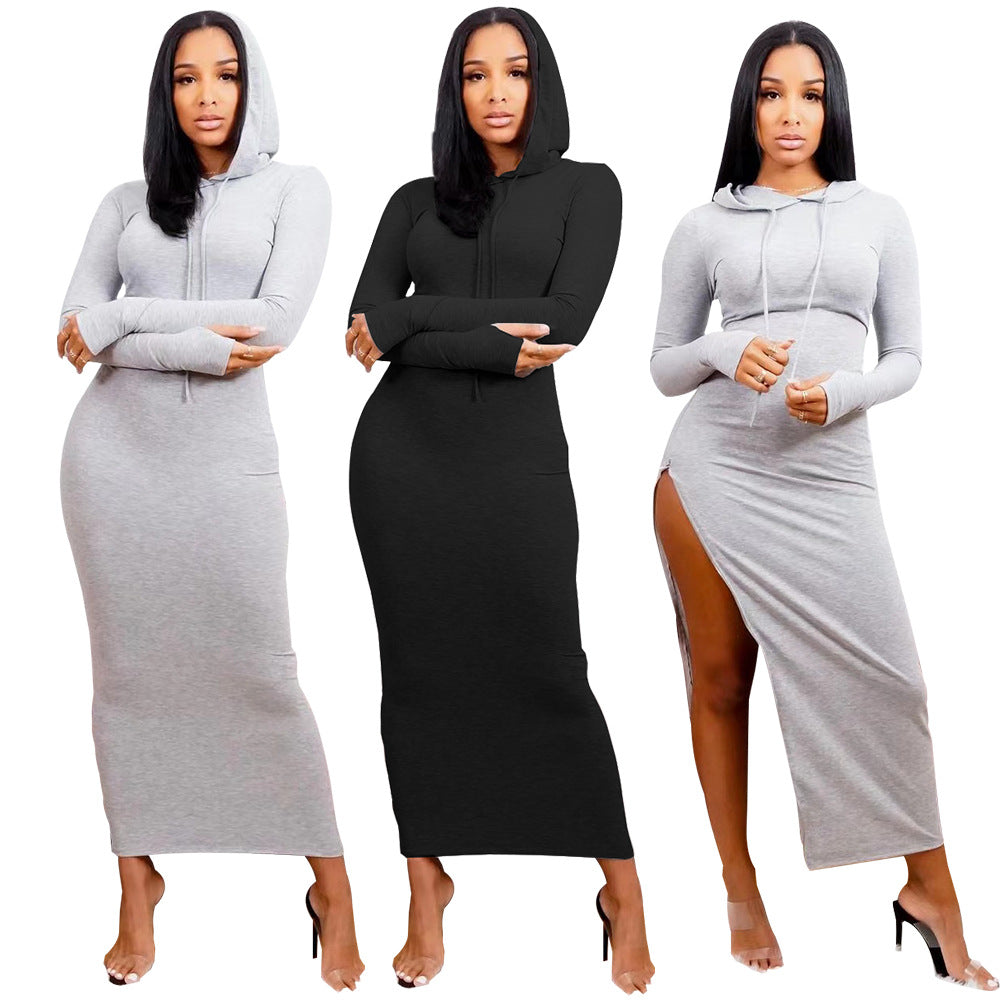 Maxi Styles Casual Full Sleeves Hooded Long High Slit Dress