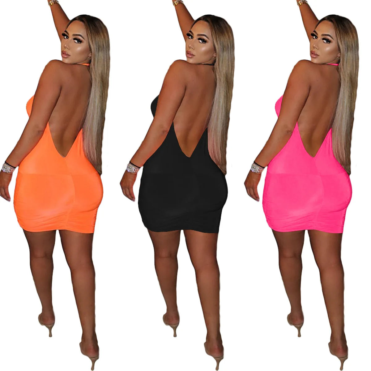 Women Open Back Pleated Halter Open Dress Fashion Summer African Dress