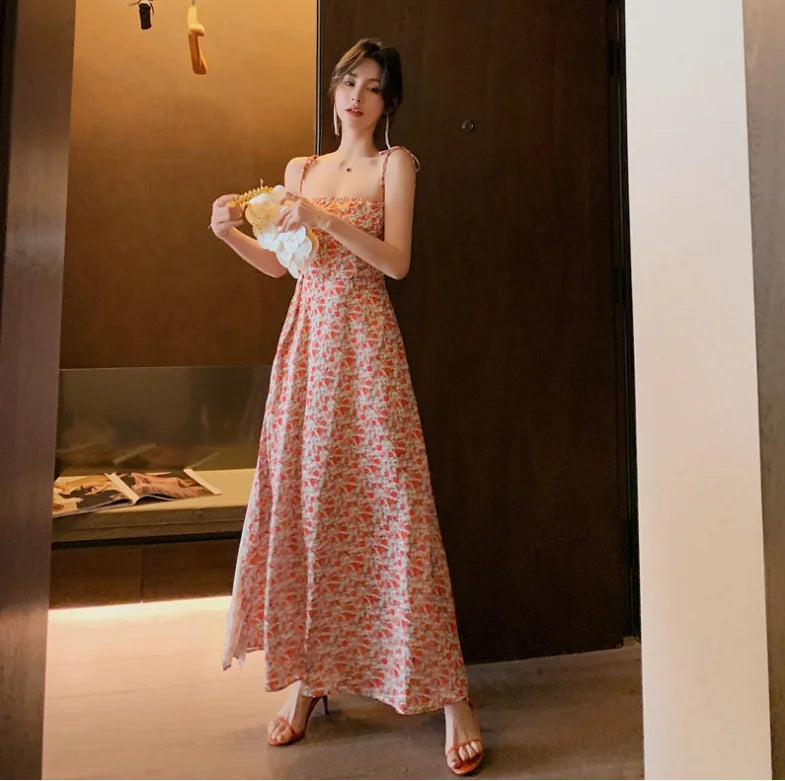 Women Floral Maxi Dress Backless Beach Dress Sexy Casual Long Printed Dress