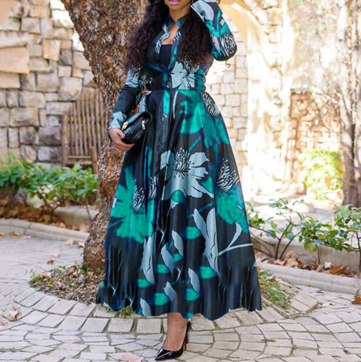 Floral Long Dresses for Woman Lady Elegant Long Sleeve  Casual Dress