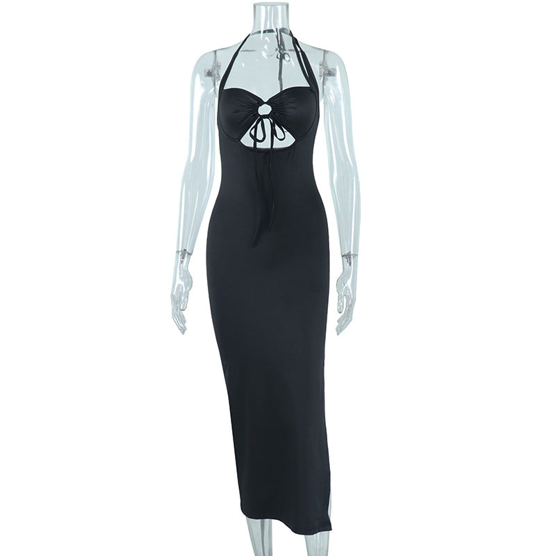 Backless Sexy Dress Solid Black Strap Trendy Women Dress Slit Halter Dress