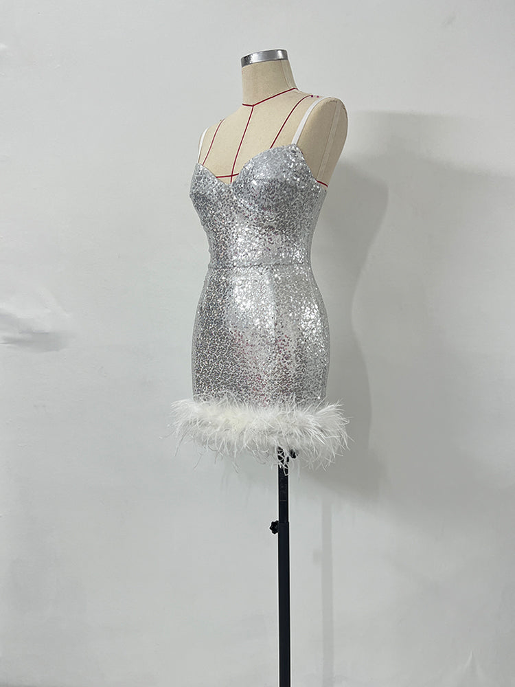 Elegant Sexy Short Dinner Dress Women Feather Dress