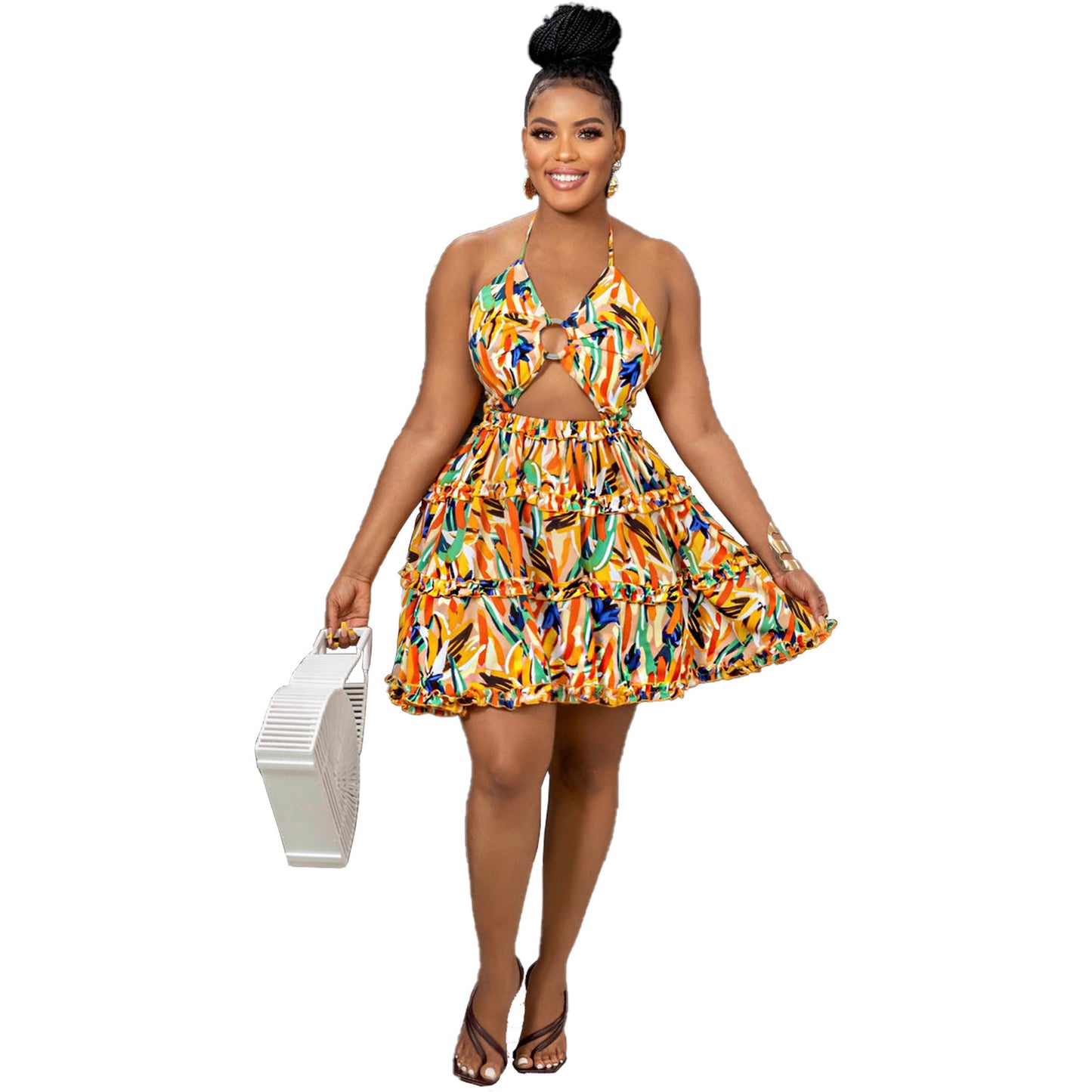 Summer Trendy Outfit Sexy Party Halter Women Hollow Out Print Beach Wear