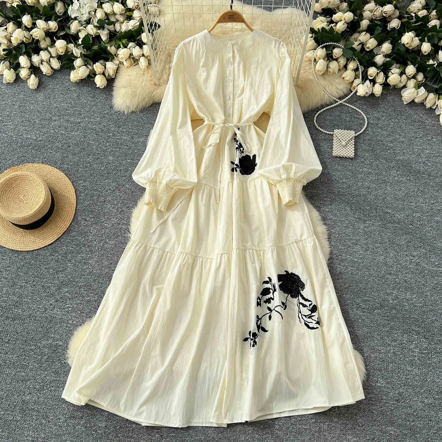 French Vintage Dress Women Flower Embroidery Long Classy Lady Elegant Dress