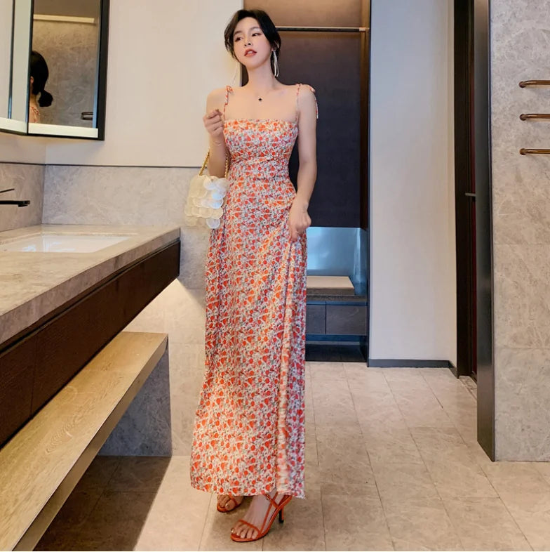 Women Floral Maxi Dress Backless Beach Dress Sexy Casual Long Printed Dress
