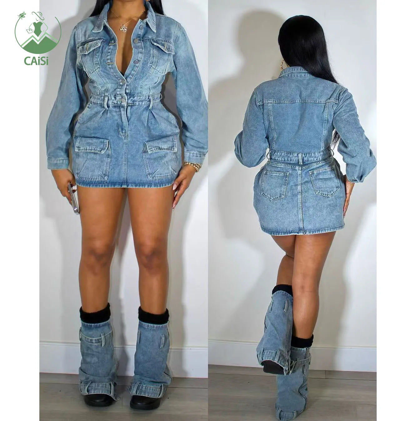 Women's Casual Jeans Denim Dresses Sexy Long Sleeve Jeans Short Dress