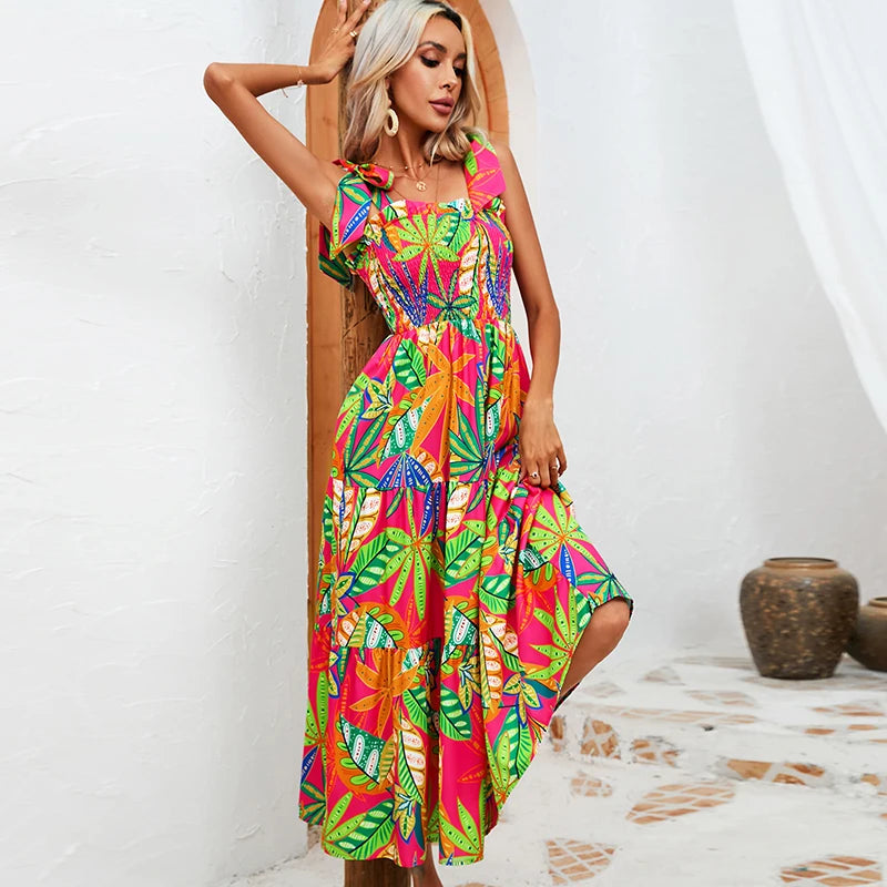 Summer Leaves Print Elastic Chest Dress Woman Elegant Sleeveless Strap Dress
