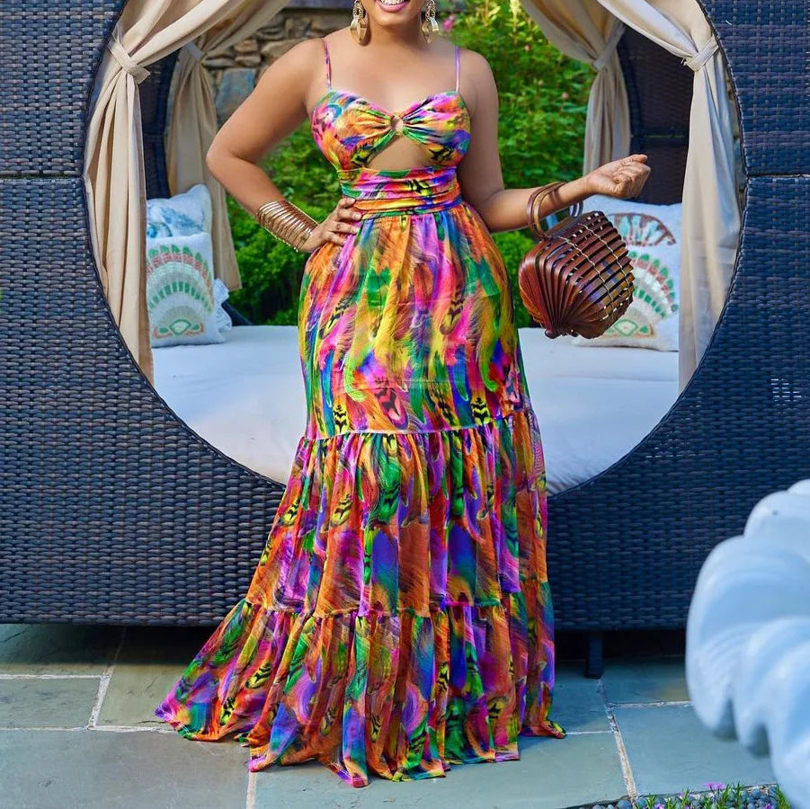 Africa Plus Size Maxi Dress Women Summer Beach Print Sundress Strap Sexy Dress