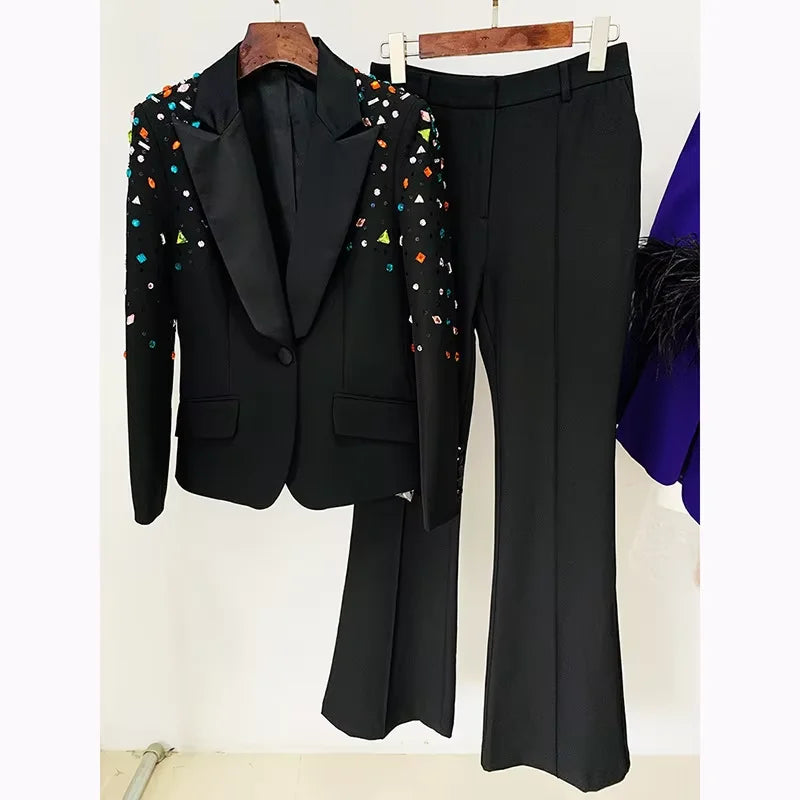 Lady Elegant Women Two Piece Set Long Rhinestone Party Dress