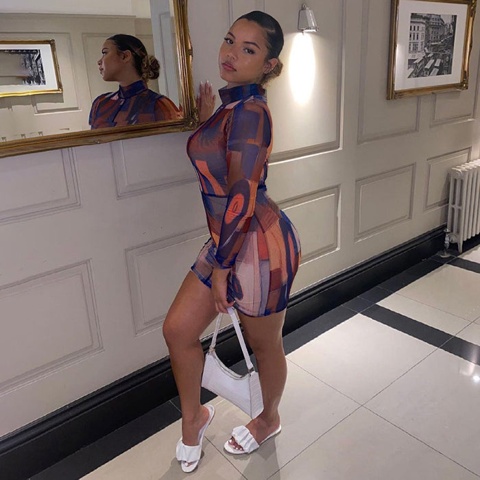 Long Sleeve Bodycon High Neck Printed Body Print Dress