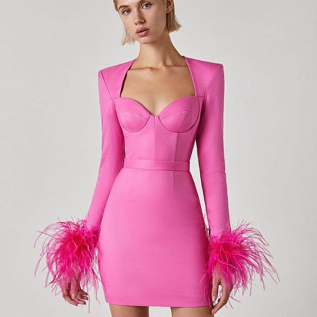 Square Neck Mini Dress Ladies Feather Bandage Dresses for Women