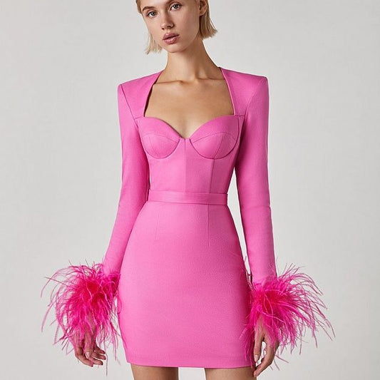 Square Neck Mini Dress Ladies Feather Bandage Dresses for Women