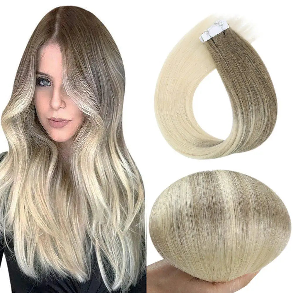Full Shine Virgin Hand Tied Tape In Adhesives Human Hair Extensions PU Skin Weft Blonde Color Invisible Seamless Injection