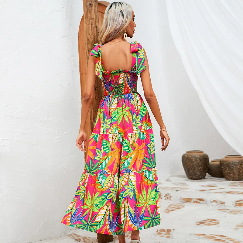 Summer Leaves Print Elastic Chest Dress Woman Elegant Sleeveless Strap Dress