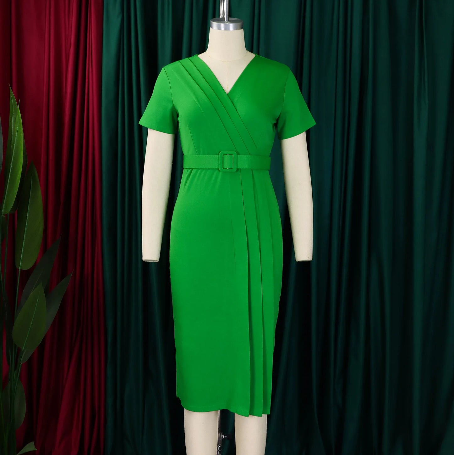 Latest Summer Ladies Short Sleeve V-Neck Waist Wrap Pencil Dresse Casual Dress