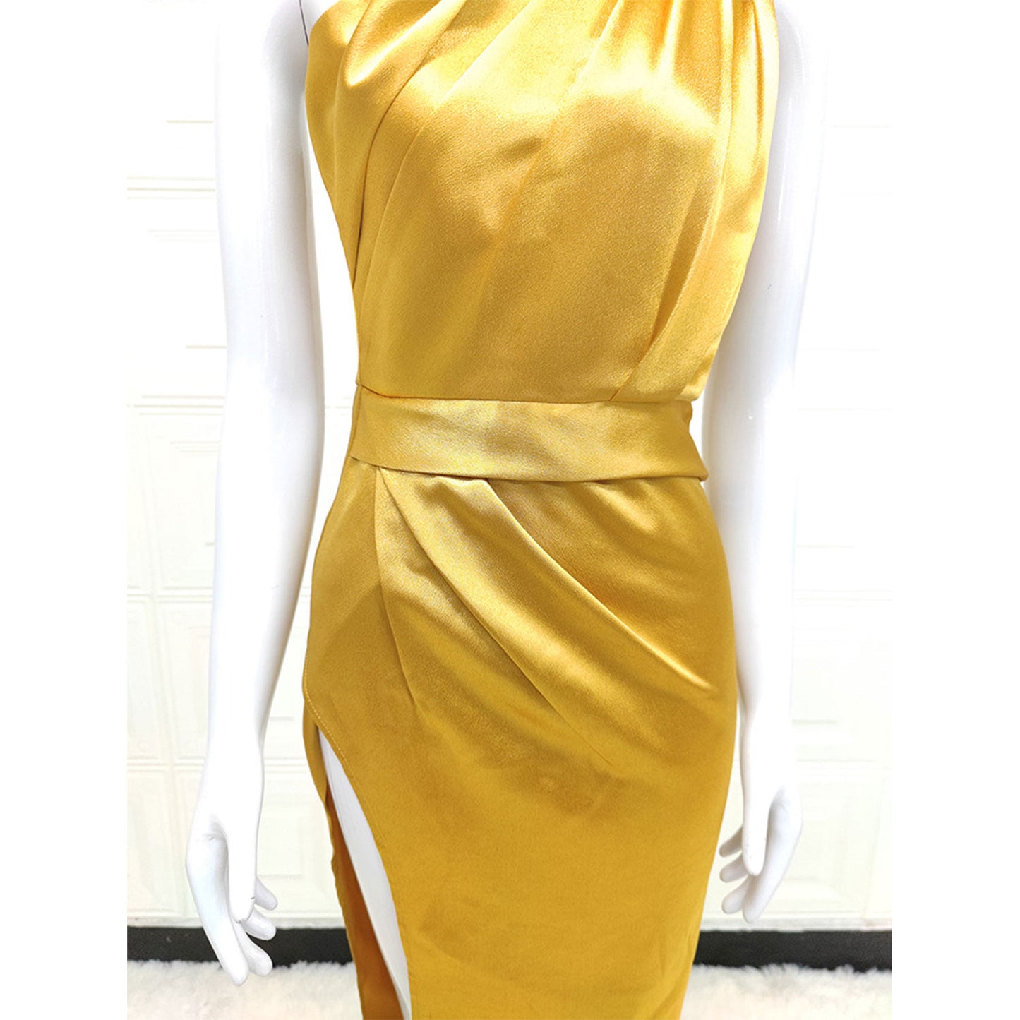 One Shoulder Silk Gold Dress Lady Long Formal Party Elegant Classic Dress