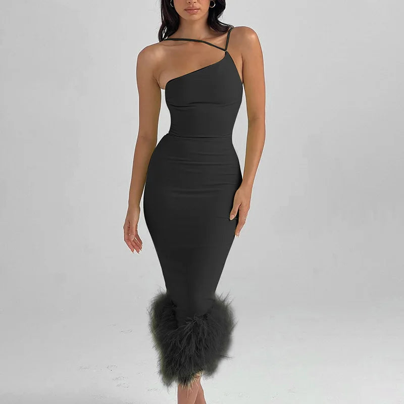 Casual One Shoulder Midi Dress Women Lady Elegant