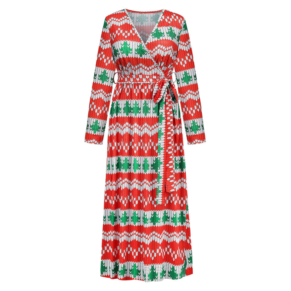 Christmas Print Party Dresses Cute Holiday v Neck Women Fall Elegant Dress