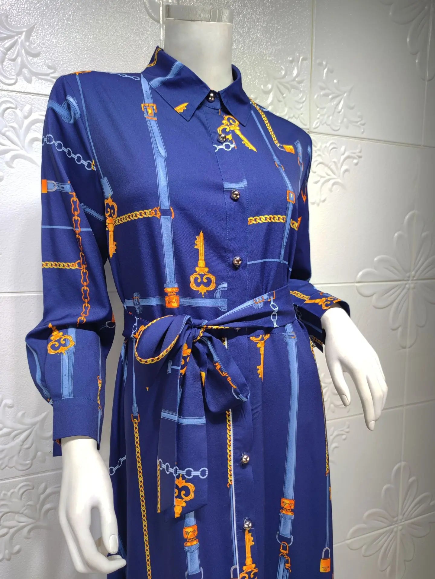 Middle East Multicolor Chain Printed Muslim Shirt Dress Elegant Casual Dress