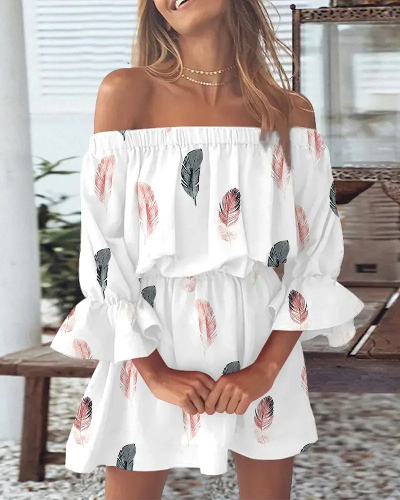 Sexy Off Shoulder Floral Print Flare Sleeve Tunic Dress