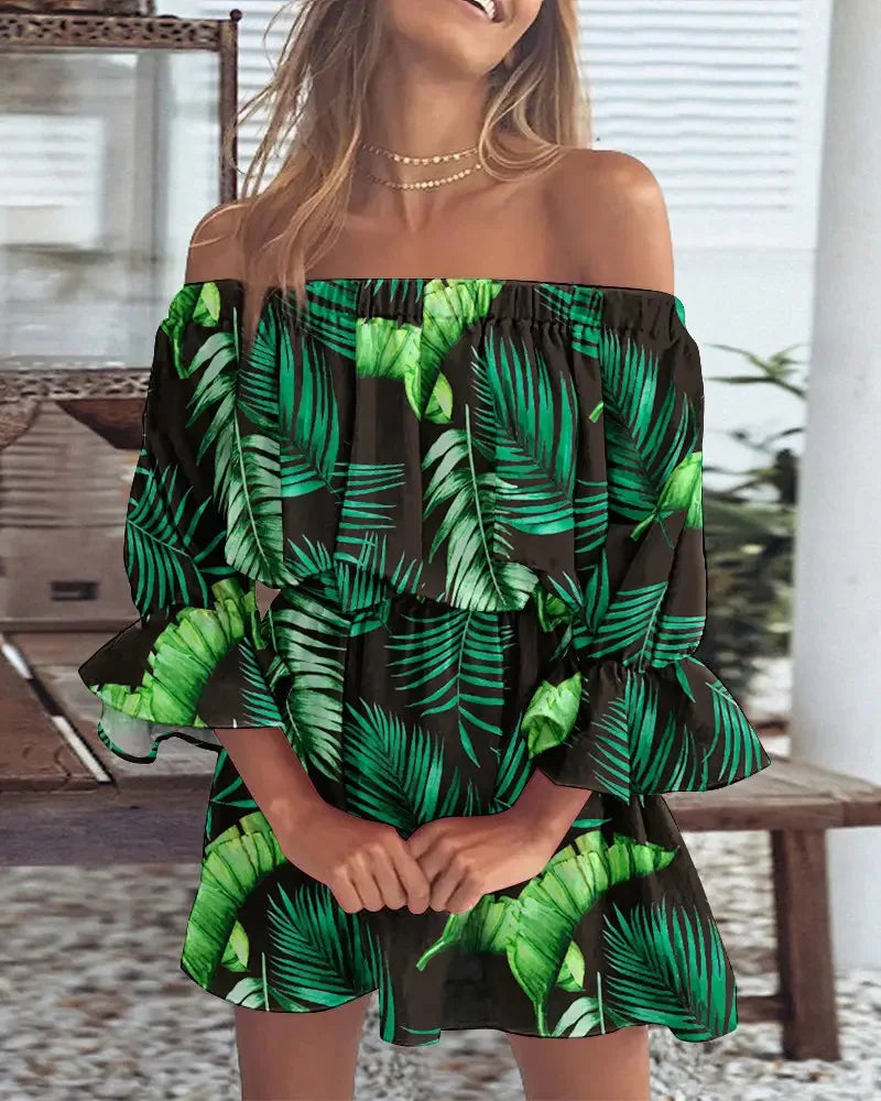 Sexy Off Shoulder Floral Print Flare Sleeve Tunic Dress