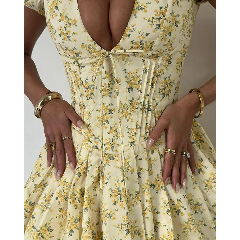 Summer Classy Dresses Women Elegant Bubble Sleeve V-Neck Floral Dress
