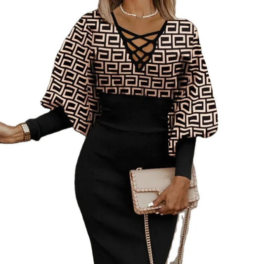 Sexy V-Neck Long Sleeve Pencil Dress Elegant Temperament Slim Dress