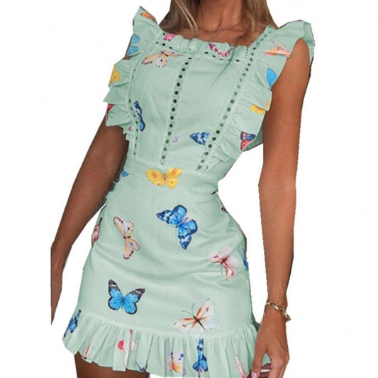 High Quality Commuting Ruffled Dresses Butterfly Print Summer Casual Dress