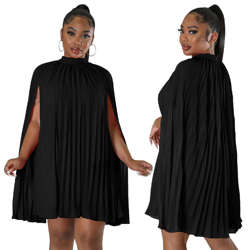 Solid Color Bat Sleeve Elegant Pleated Party Dress