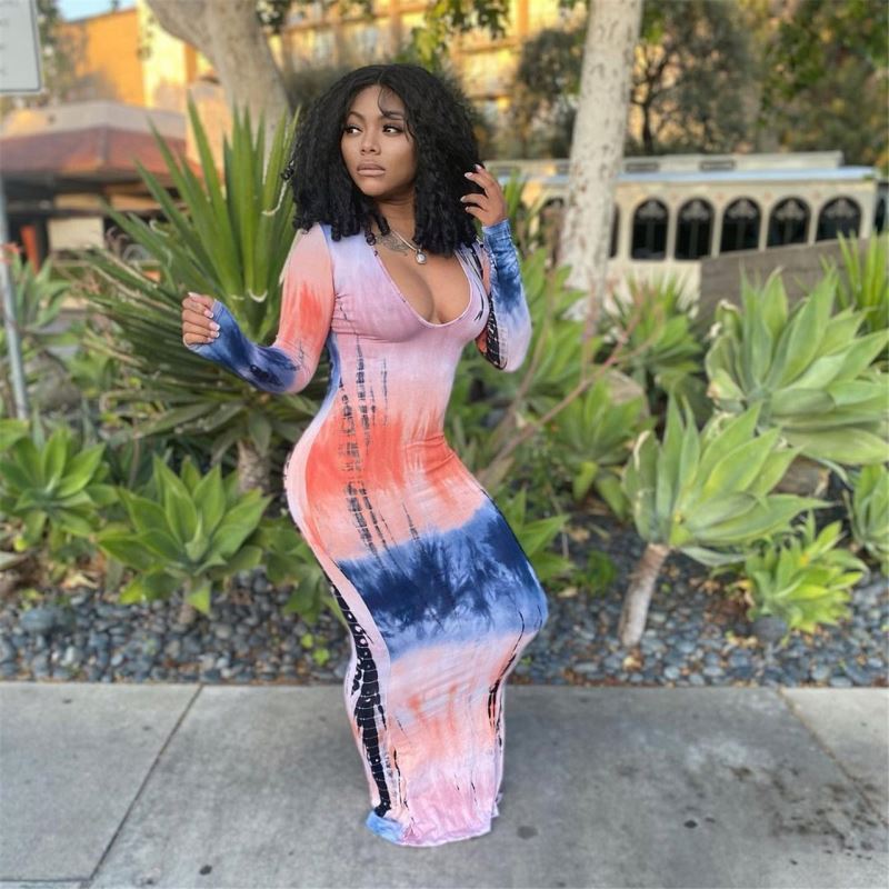 Streetwear Summer Sexy Tie Dye Long Casual Dresses U Neck Long Sleeve Maxi Dress