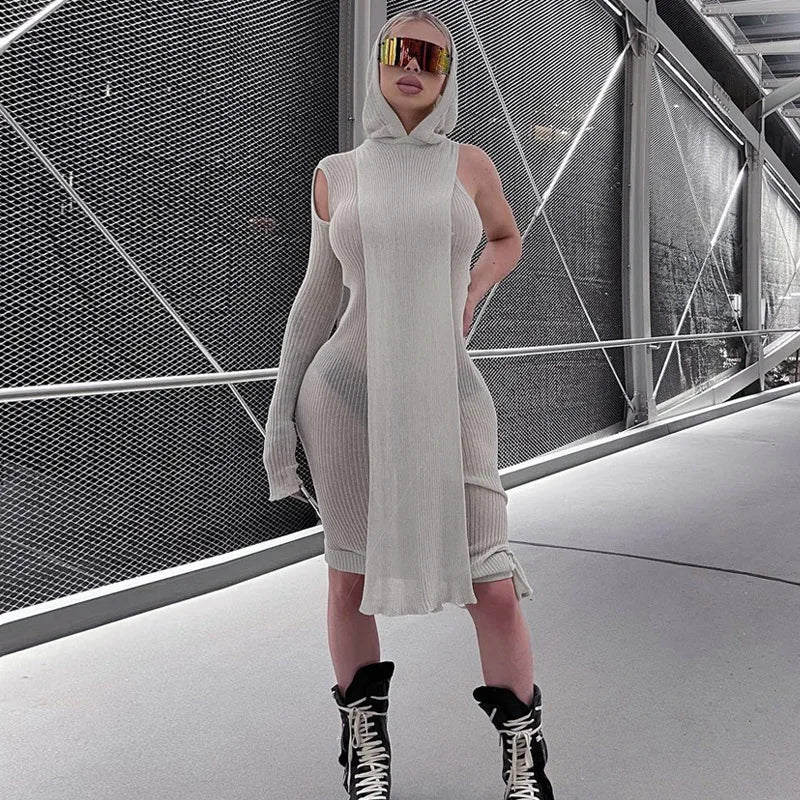Long Sleeve Dress One Shoulder Casual Hooded Dresses Women