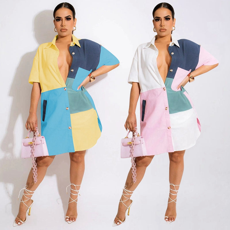 Patchwork Contrast Color Pocket Shirt Women Plus Size Collared Button Up Shirt