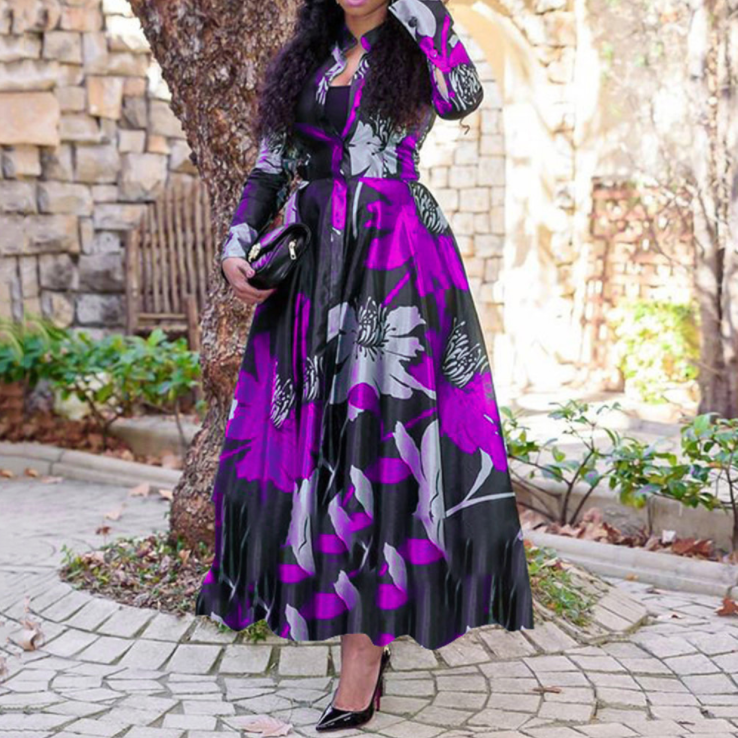 Floral Long Dresses for Woman Lady Elegant Long Sleeve  Casual Dress