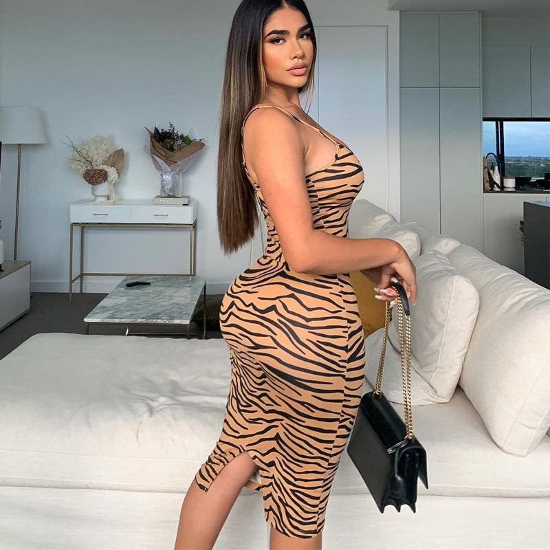 Spaghetti Strap Leopard Bodycon Dress Casual Midi Slit Dress