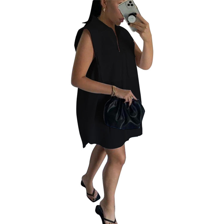 Summer New Sleeveless Pocket Shirt Dress Women Elegant Casual Dress