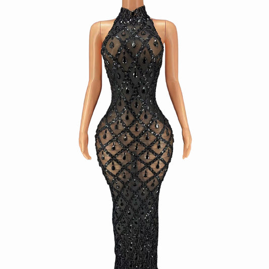 Sparkling Black Diamond Sequin Mesh Backless  Dress