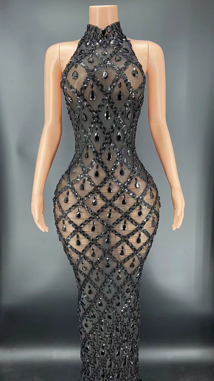 Sparkling Black Diamond Sequin Mesh Backless  Dress