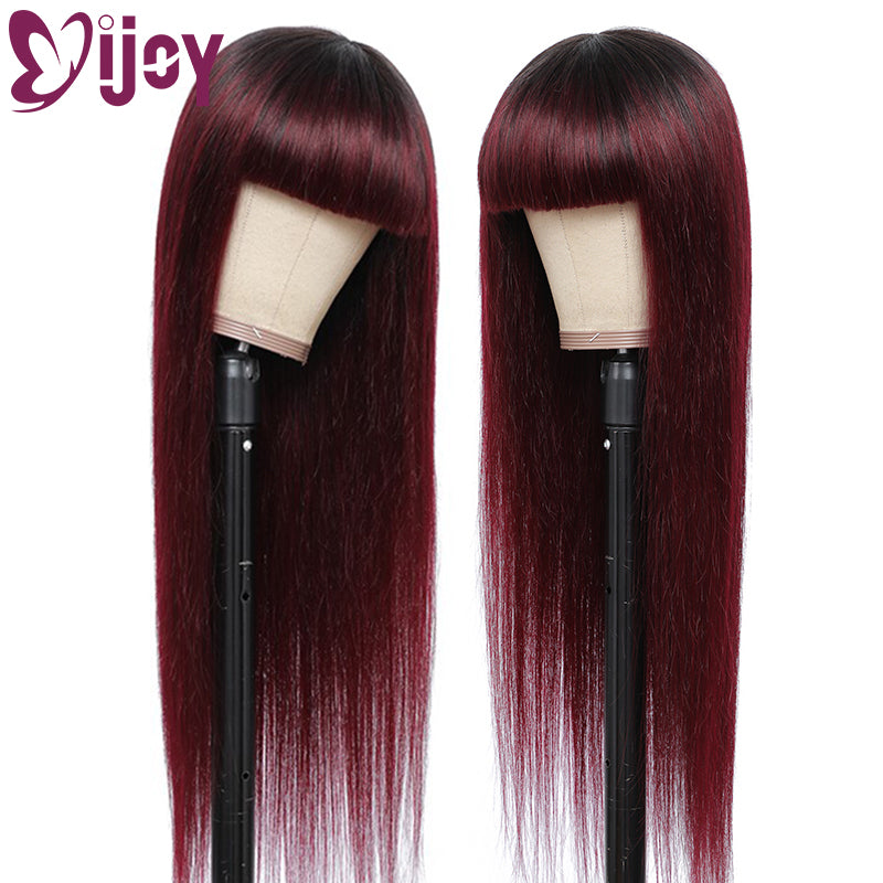 Straight Human Hair Wigs With Bangs/Burgundy Brazilian Remy