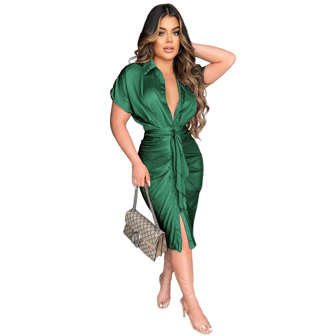 Sexy Ladies Dresses Reflective Silk Pleated Straps Shirt Dress