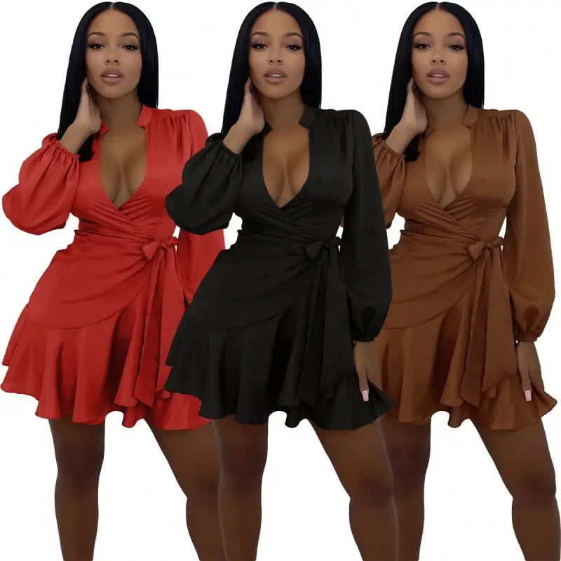 Spring Sexy Dresses V Neck Long Sleeve Ladies Office Dress