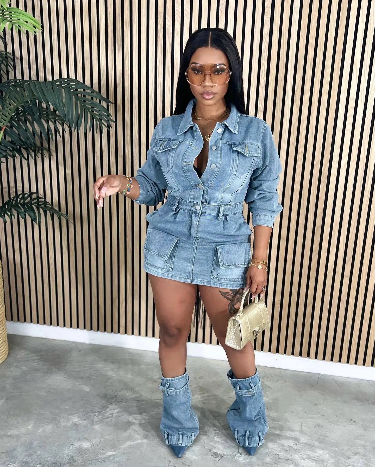 Women's Casual Jeans Denim Dresses Sexy Long Sleeve Jeans Short Dress