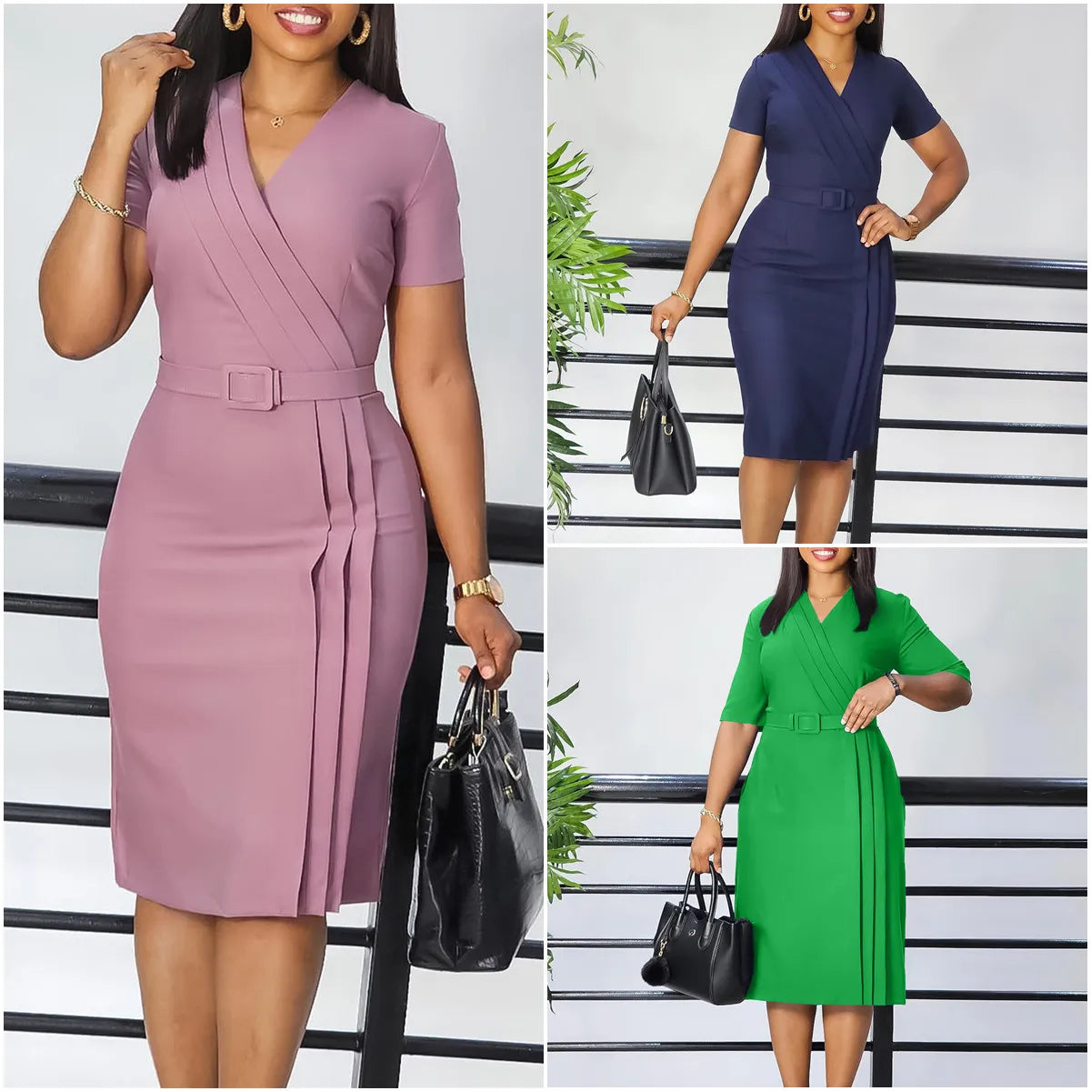Latest Summer Ladies Short Sleeve V-Neck Waist Wrap Pencil Dresse Casual Dress