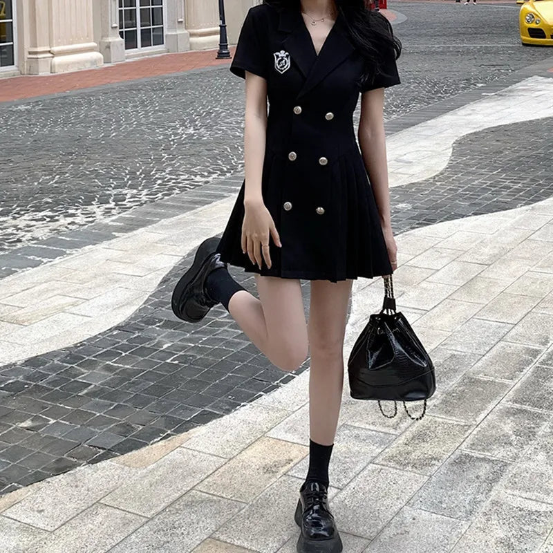 Ladies Summer Casual Short Sleeve Double Breasted Mini Black Dress