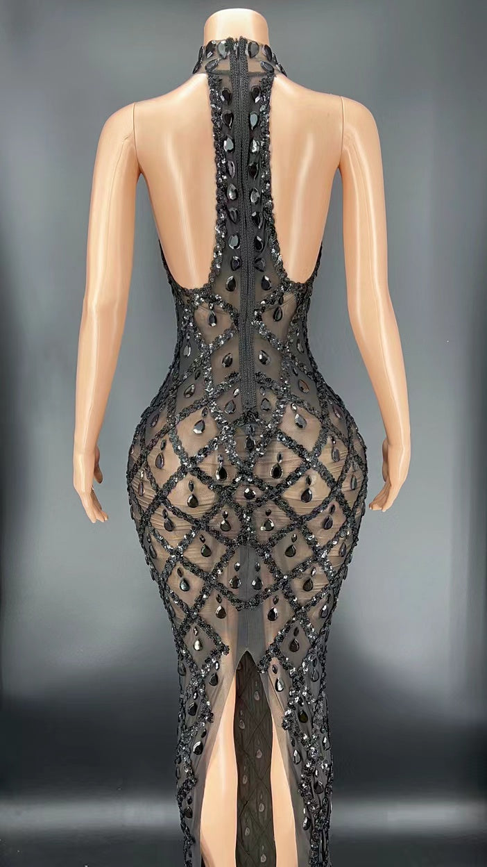 Sparkling Black Diamond Sequin Mesh Backless  Dress