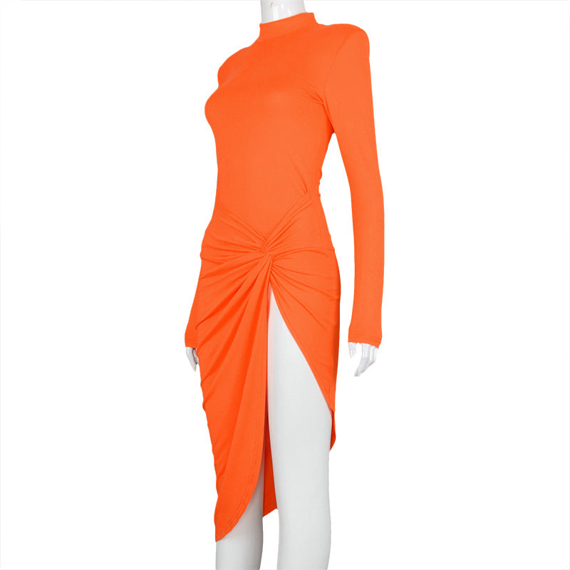 O Neck Long Sleeve Dress Elegant Women Split Dress