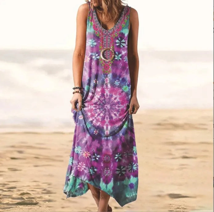 Vintage Tie-Dye Floral Long Maxi Dress Bohemian Style Beach Casual Dress