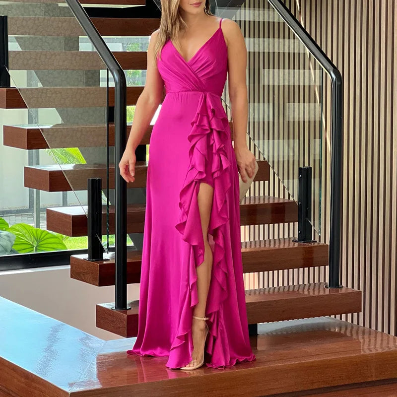 V-Neck Dress Wedding High Waist Ruffle Slit Party Dress