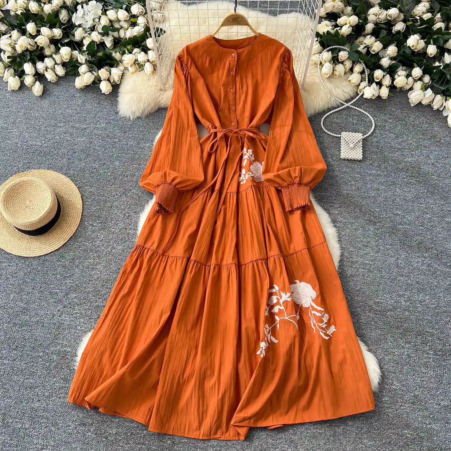 French Vintage Dress Women Flower Embroidery Long Classy Lady Elegant Dress