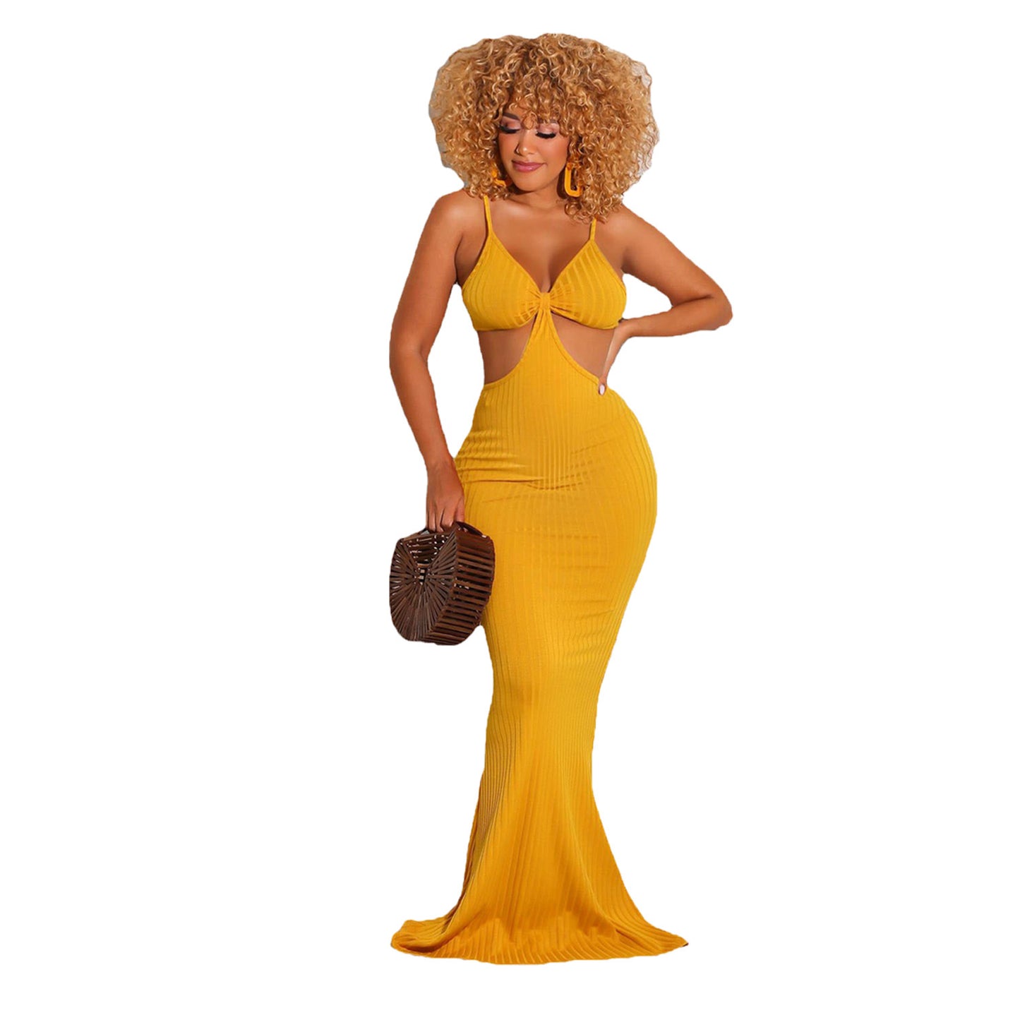 Summer Club Wear Hollow Out Rib Knit Dress Long Elegant Dress