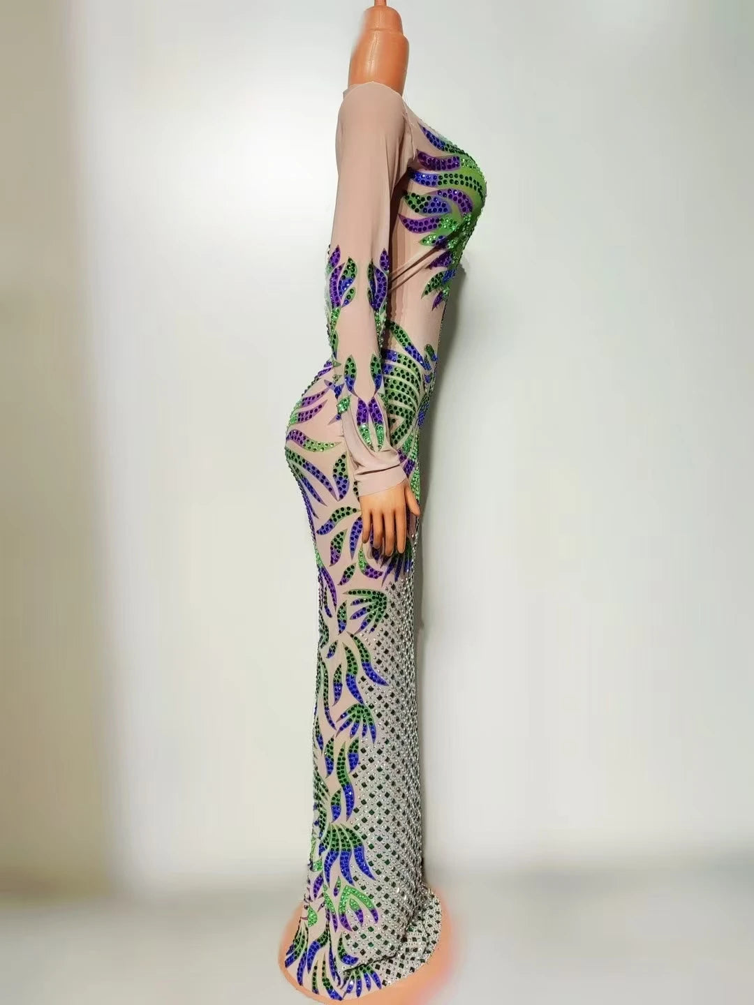 Long Sleeve Mesh Crystal Long Dress